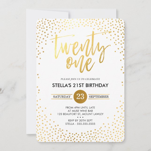Invitation GLAM 21E ANNIVERSAIRE FÊTE mini en or confetti noi (Devant)