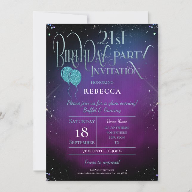 Invitation Glam 21e anniversaire Script décoratif Purple Part (Devant)