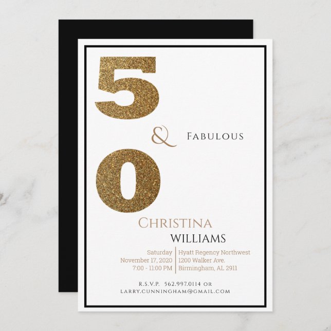 Invitation Glam 50 & Fabulous Black & Gold Birthday (Devant / Derrière)