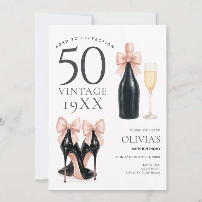 Invitation Glam 50e anniversaire Champagne «Vieilli à la perf (Devant)