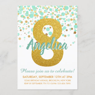 Invitation Glam 8e anniversaire Mint Green Gold Parties scint