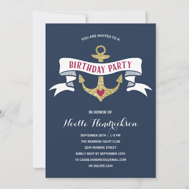 Invitation Glam Anchor | Fête d'anniversaire nautique (Devant)