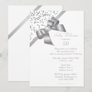 Invitation Glam Argent Confettis & Ruban Bijou 50e Anniversai