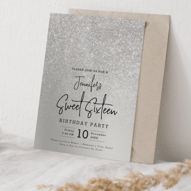 Invitation Glam Argent Faux Parties scintillant Étincelle Swe (Glam Silver Faux Glitter Sparkle Sweet 16 Party Invitation)