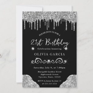 Invitation Glam Argent Paillettes qui dégoulinent 21e Anniver