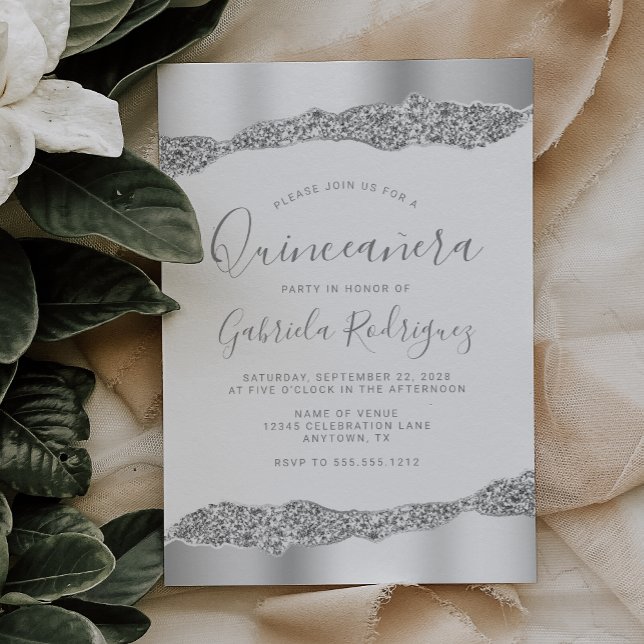Invitation Glam Argent Paillettes Strass Quinceañera (Créateur téléchargé)