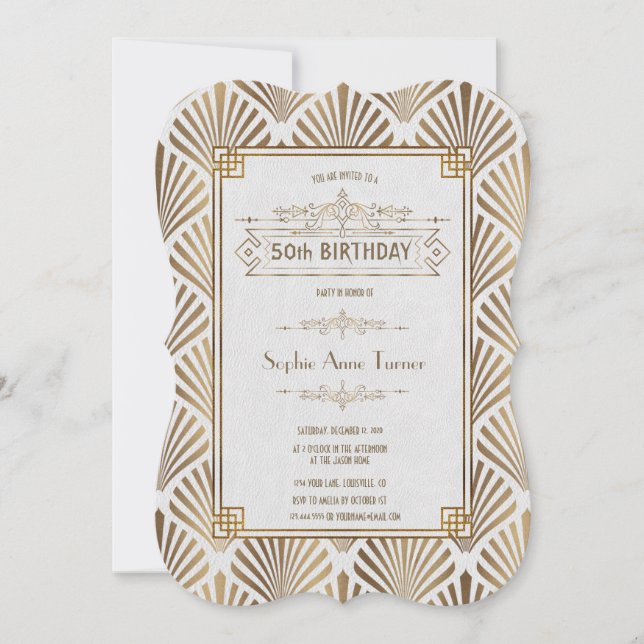 Invitation Glam Art Déco White Gatsby 50e anniversaire (Devant)