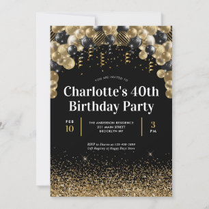 Invitation Glam Black Gold Balloon Parties scintillant N'impo