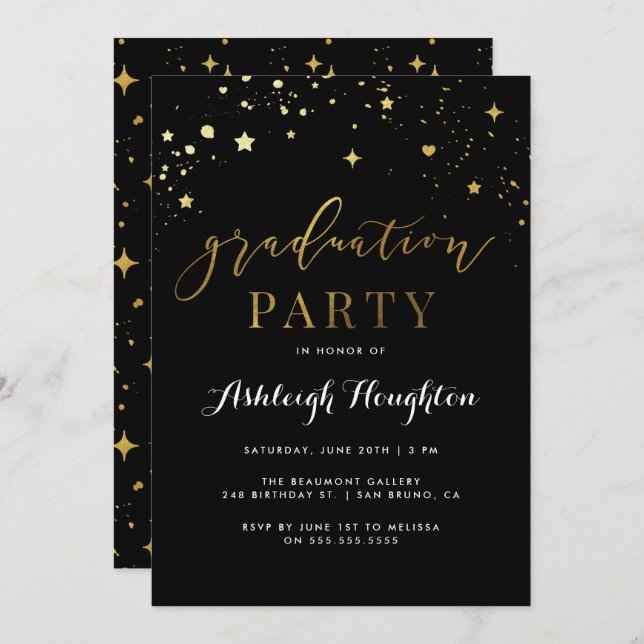 Invitation Glam Black & Gold Confetti Graduation Party (Devant / Derrière)