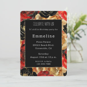 Invitation Glam Black Gold Parties scintillant Glitzy Floral 