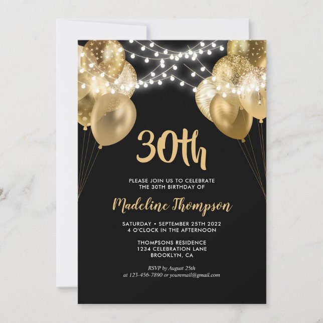 Invitation Glam Black Gold String Ballons lumineux Anniversai (Devant)