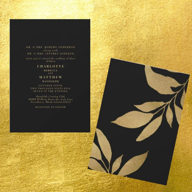 Invitation Glam Black Metallic Gold Foliage Mariage (Créateur téléchargé)