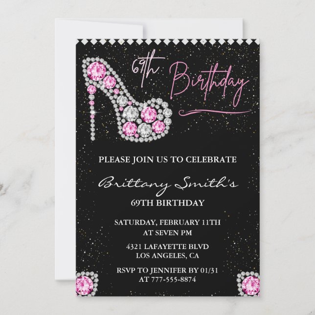Invitation Glam Black Rose Argent Diamant 69e anniversaire (Devant)