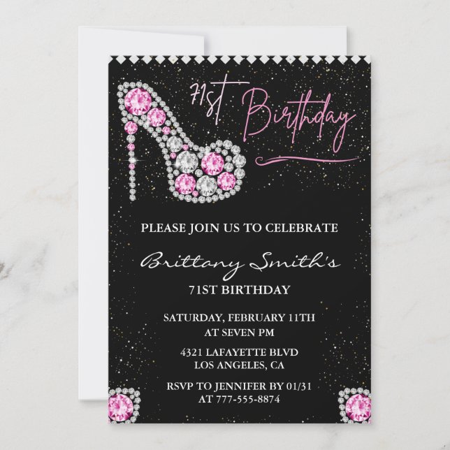 Invitation Glam Black Rose Argent Diamant 71e anniversaire (Devant)