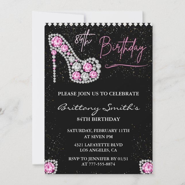 Invitation Glam Black Rose Argent Diamant 84e anniversaire (Devant)