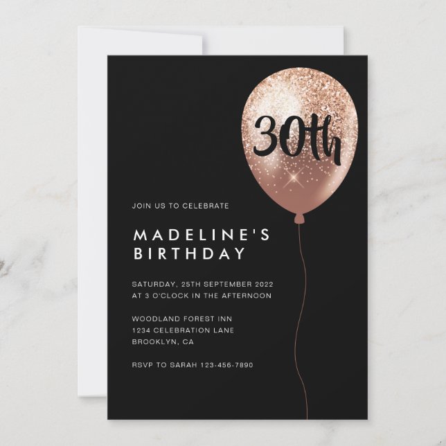 Invitation Glam Black Rose Gold Parties scintillant Balloon 3 (Devant)