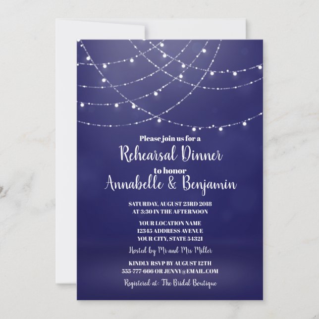 Invitation Glam Blanc Fairy Lights Blue Rehearer Dîner (Devant)