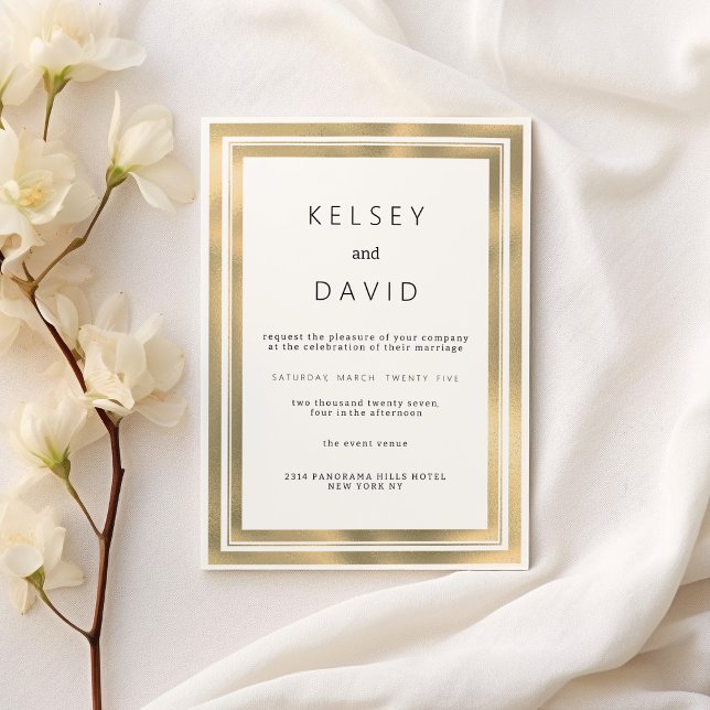 Invitation Glam blanc or cadre géométrique élégant mariage (Glam white gold geometric frame elegant wedding)