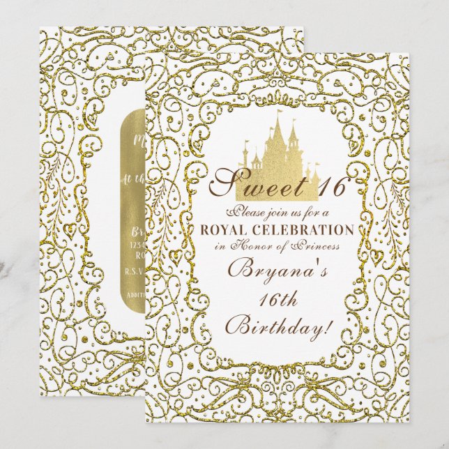 Invitation Glam Blanc & Or Château Royal Princesse Sweet 16 (Devant / Derrière)