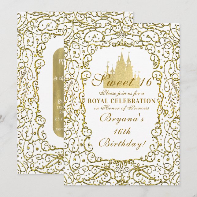 Invitation Glam Blanc & Or Château Royal Princesse Sweet 16 (Devant / Derrière)