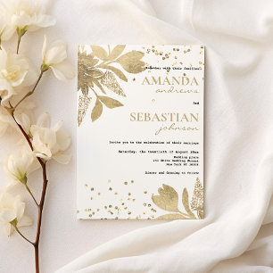 Invitation Glam blanc or typographie confetti floral Mariage