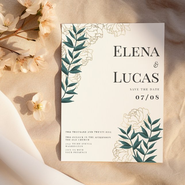 Invitation Glam blanc or vert peoné feuille mariage floral (Glam white gold green peonies leaf floral wedding)