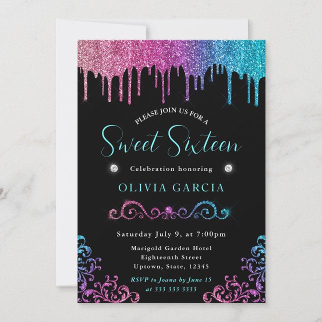 Invitation Glam Bleu et Rose Dégradé Paillettes Sweet 16 (Devant)