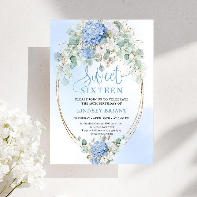 Invitation Glam Bleu Hydrangeas Or Fête des Seize  (Glam Blue Hydrangeas Gold Sweet Sixteen Invite)