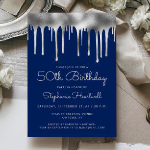 Invitation Glam Bleu Nuit Argent Gouttes de Feuille 50e Anniv