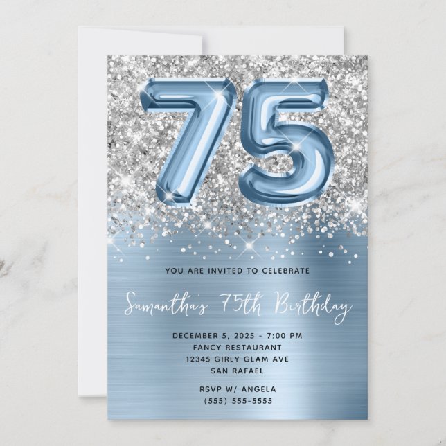 Invitation Glam bleu Parties scintillant argent 75e anniversa (Devant)