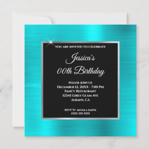 Invitation Glam bleu turquoise Cadre noir argenté Anniversair