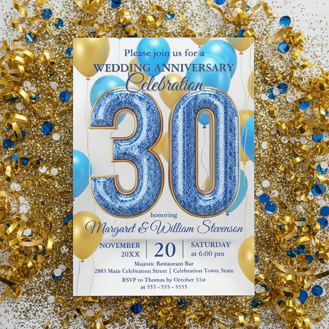 Invitation Glam Blue Gold Ballons 30 ans de mariage  (Créateur téléchargé)