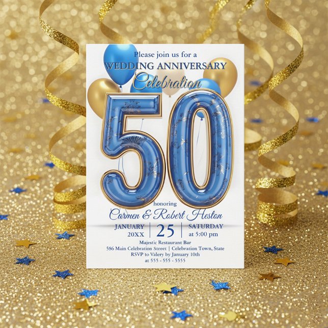 Invitation Glam Blue Gold Balloons 50th Wedding Anniversary  (Créateur téléchargé)
