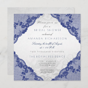 Invitation Glam Blue Navy dentelle argent Fête des mariées fl
