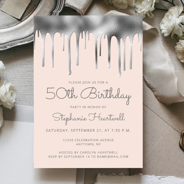 Invitation Glam Blush Rose Argent Paillement de Feuille 50e A (Créateur téléchargé)