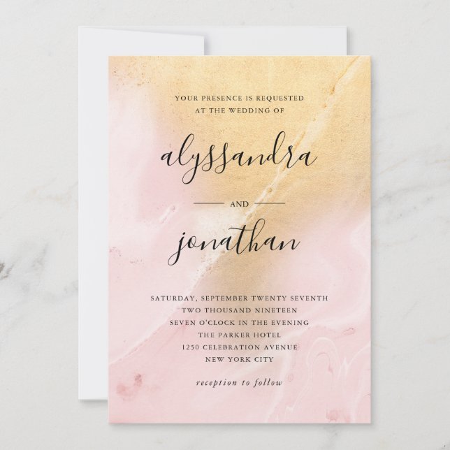 Invitation Glam Blush rose et or marbre look | Mariage (Devant)