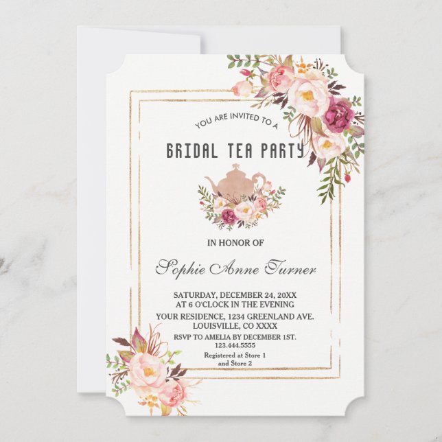 Invitation Glam Blush Rose Floral Fête des mariées Tea Party (Devant)