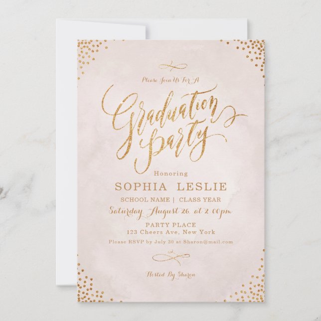Invitation Glam blush rose or calligraphie fête de graduation (Devant)