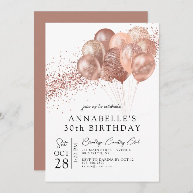Invitation Glam Blush Rose Rose or Parties scintillant Balloo (Devant / Derrière)
