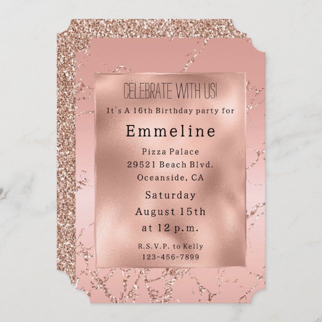 Invitation Glam Blush Rose Rose Parties scintillant or (Devant / Derrière)