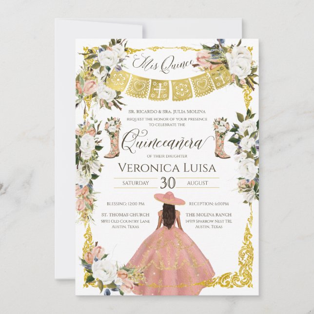Invitation Glam Blush White Gold Charro Floral Quinceañera I (Devant)