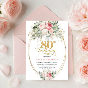 Invitation Glam Bohème Blush Floral Or 80e Anniversaire