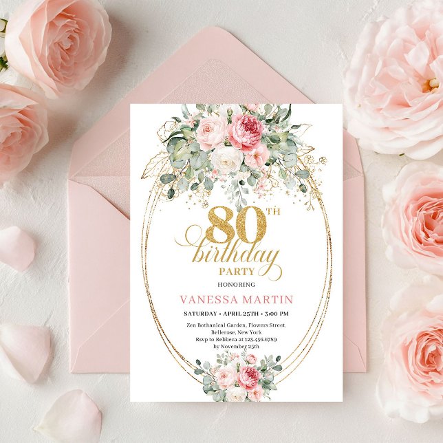 Invitation Glam Bohemian Blush Floral Gold 80th Birthday (Glam Bohemian Blush Floral Gold 80th Birthday Invite)
