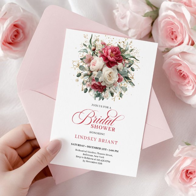 Invitation Glam Boho Bourgogne Blush Floral Greenery Shower (Minimal Bohemian Red White Gold Bridal Shower)