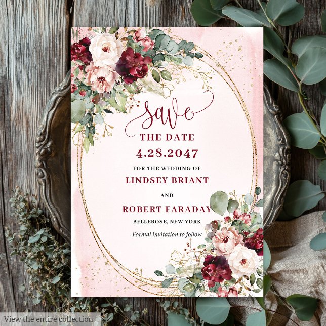 Invitation Glam Boho Rouge Profond Fard Doré Fleurs Enregistr (Glam Boho Deep Red Blush Gold Flowers Save Date)