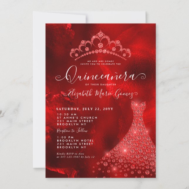 Invitation Glam Bourgogne Rouge Diamant Tiara Robe Quinceaner (Devant)