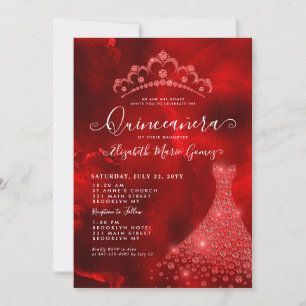Invitation Glam Bourgogne Rouge Diamant Tiara Robe Quinceaner
