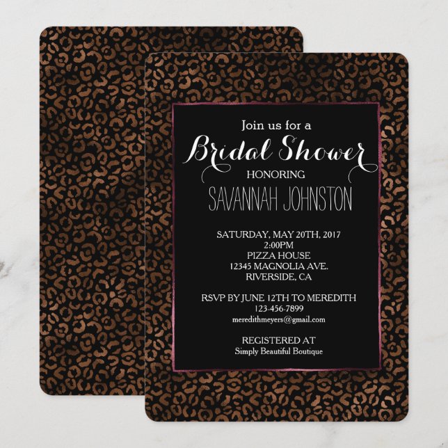 Invitation Glam Brown Black Empreinte de léopard douche nupti (Devant / Derrière)