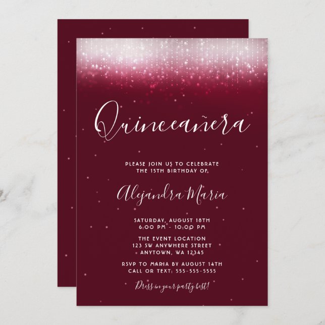 Invitation Glam Burgundy Quinceañera (Devant / Derrière)