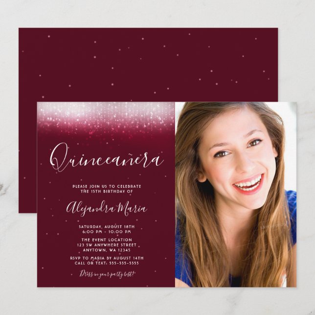 Invitation Glam Burgundy Quinceanera Photo (Devant / Derrière)